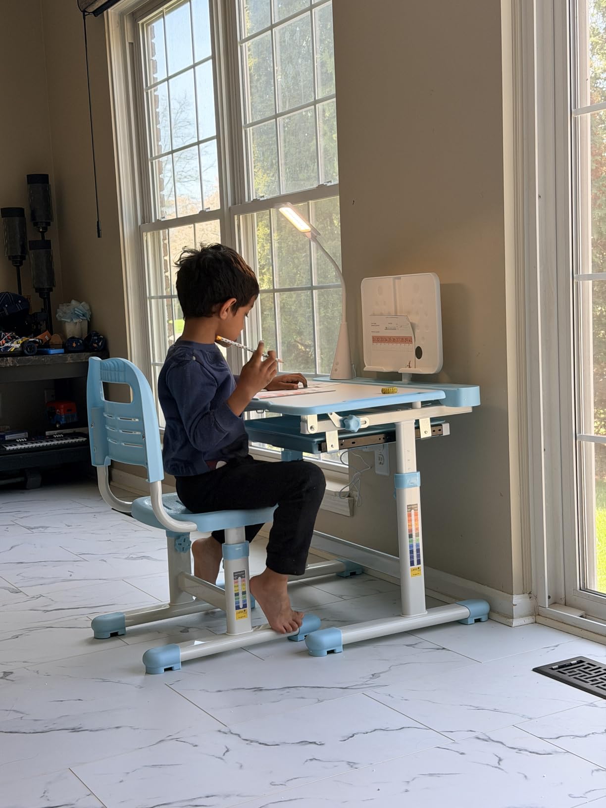 Rengue Kids Desk and Chair Set, Height Adjustable Children School Functional Study Desk with 55° Tiltable Desktop, 3 Modes & Brightness LED Light, Storage Drawer & Metal Hook for Boys Girls (Blue) customer photo 2