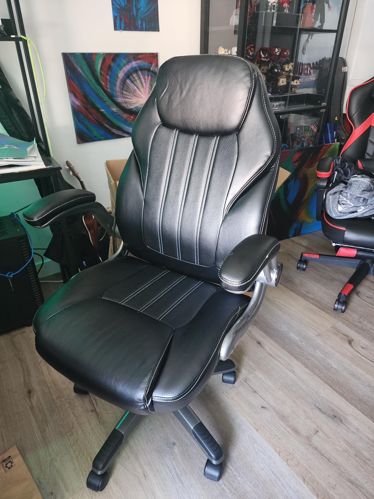 Ylzyxal Office Desk Chair, Ergonomic Computer Chair with Padded Flip-Up Arms and Adjustable Lumbar Support, PU Leather Executive Chair with Tilt Lock and 360° Swivel Rolling Wheels for Work, Study customer photo 2