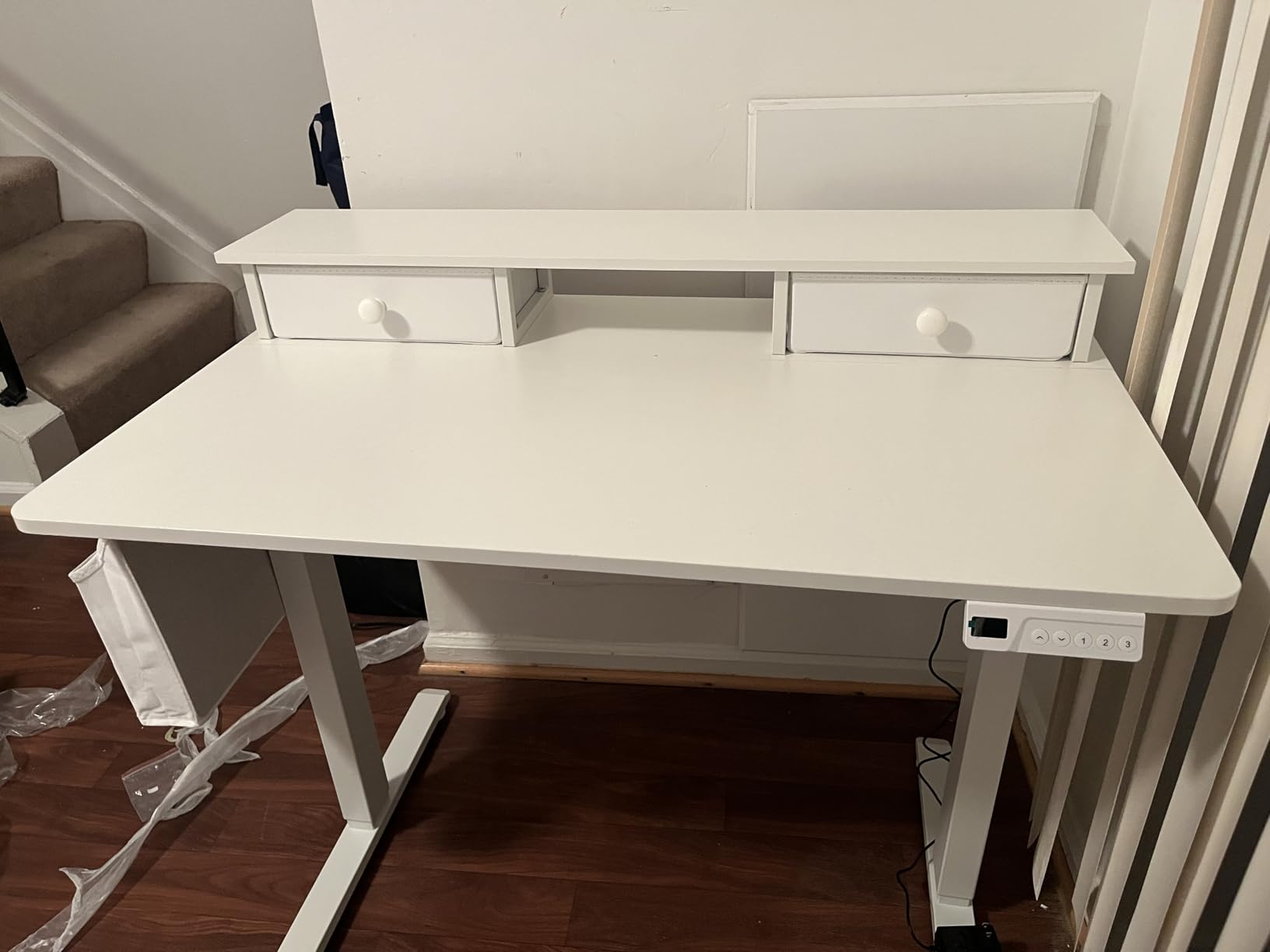 KLUVIS Small Electric Standing Desk with Drawers, 32 Inch, White customer photo 1