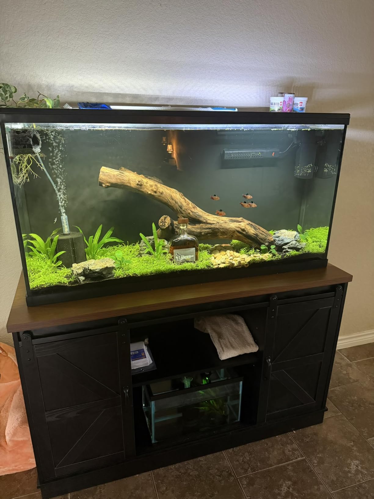 Hlivelood Farmhouse 75-120 Gallon Fish Tank Stand with Power Outlet, Aquarium Stand w/Cabinet&Sliding Barn Door, Heavy Duty Reptile Tank Stand for Fish/Turtle/Reptile Terrarium, 1000LB Capacity, Grey customer photo 1