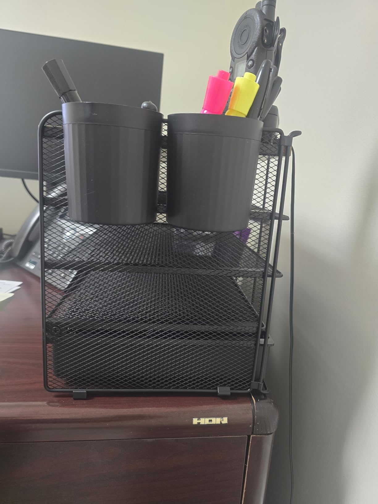 LEKETREE Wood Desk Organizer, 2-Tier Computer Monitor Stand Riser with Storage Drawer and 2 Pen Holders, Laptop & Printer Stand, Shelf for Top of Desk (Wood) customer photo 2